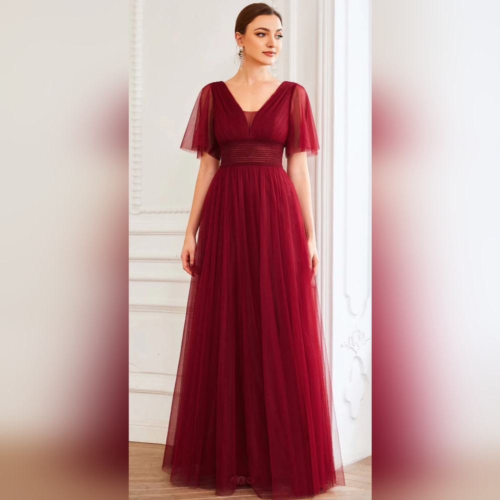 Ever Pretty - Burgundy A-Line Short Sleeve Tulle Bridesmaid Dress-Size 14 - NWT